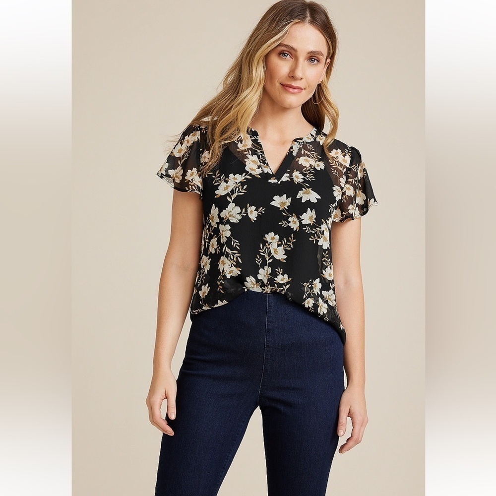 Maurices Atwood Floral Flutter Sleeve Blouse Black and White Sheer Casual XXL